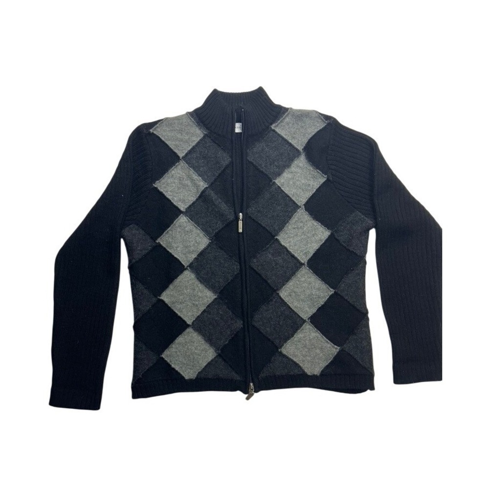 Marisa Christina Womens 100% Wool Argyle Full Zip Cardigan Sweater Black Gray L
